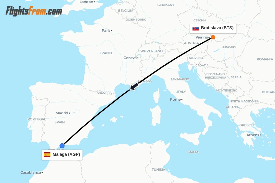 Flights from Bratislava to Malaga route map