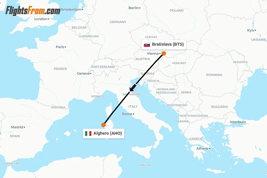 Flights from Bratislava to Alghero route map
