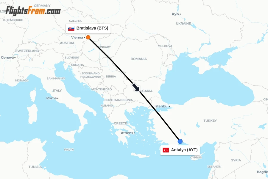 Flights from Bratislava to Antalya route map
