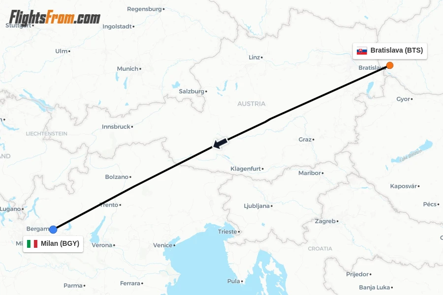 Flights from Bratislava to Milan route map