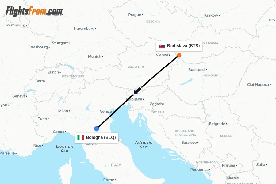 Flights from Bratislava to Bologna route map