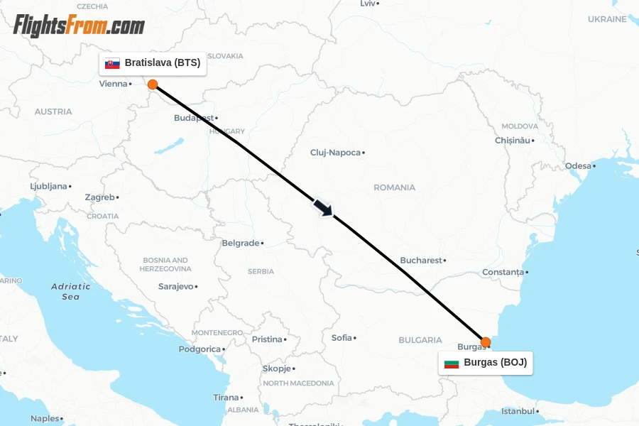Flights from Bratislava to Burgas route map