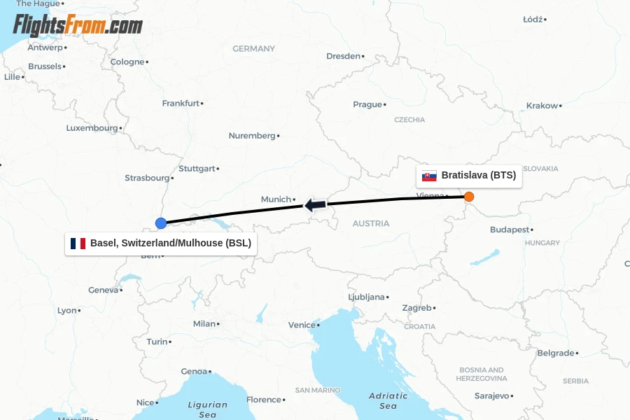 Flights from Bratislava to Basel, Switzerland/Mulhouse route map