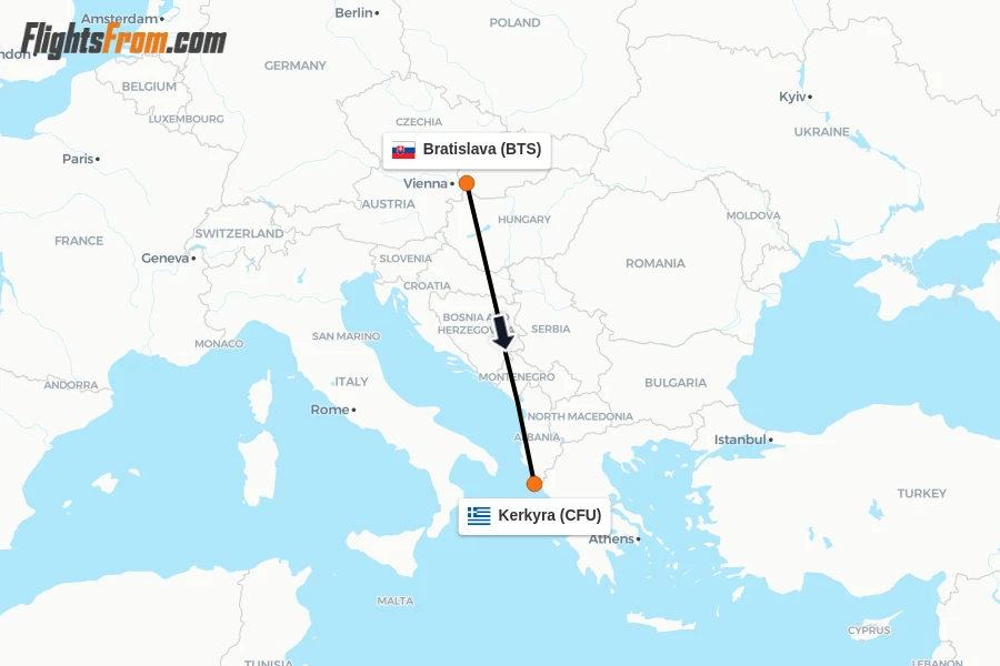 Flights from Bratislava to Kerkyra route map