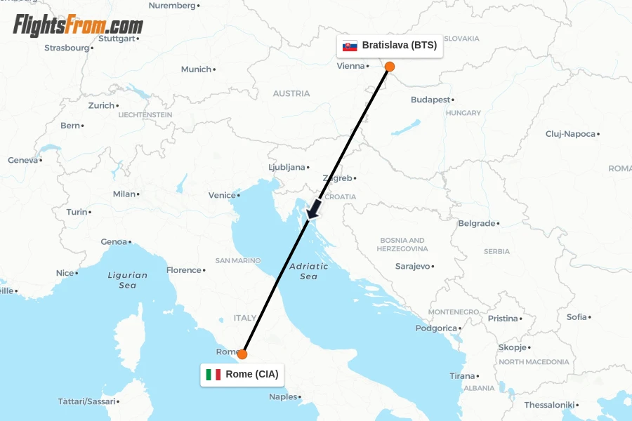 Flights from Bratislava to Rome route map