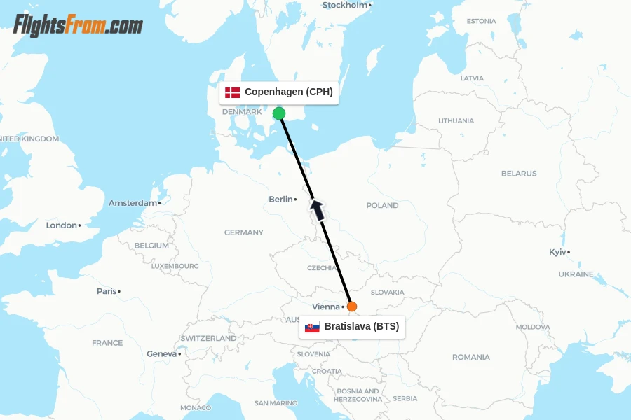 Flights from Bratislava to Copenhagen route map