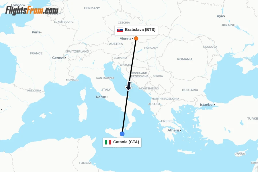 Flights from Bratislava to Catania route map