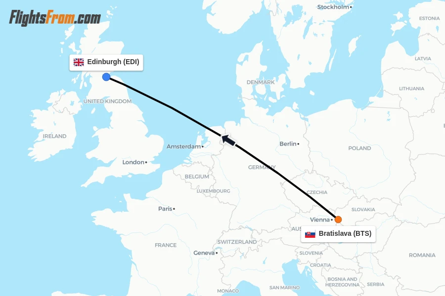Flights from Bratislava to Edinburgh route map