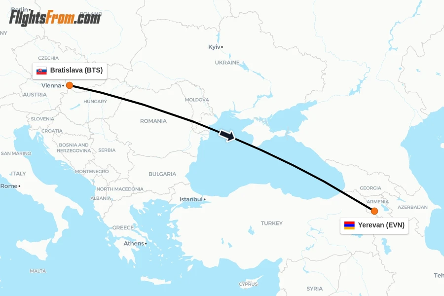 Flights from Bratislava to Yerevan route map