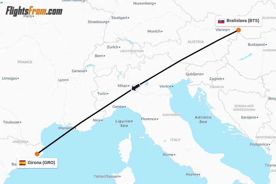 Flights from Bratislava to Girona route map