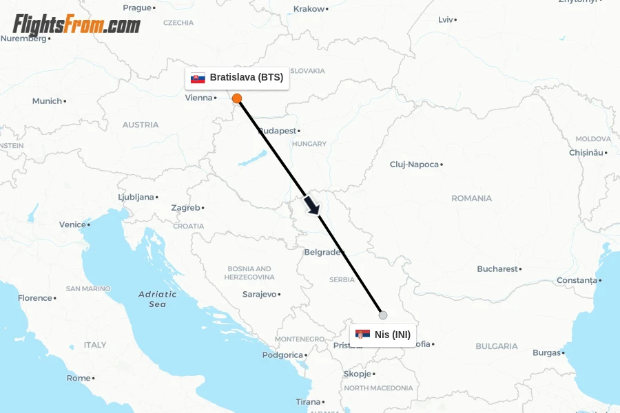 Flights from Bratislava to Nis route map