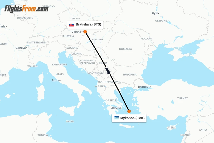 Flights from Bratislava to Mykonos route map