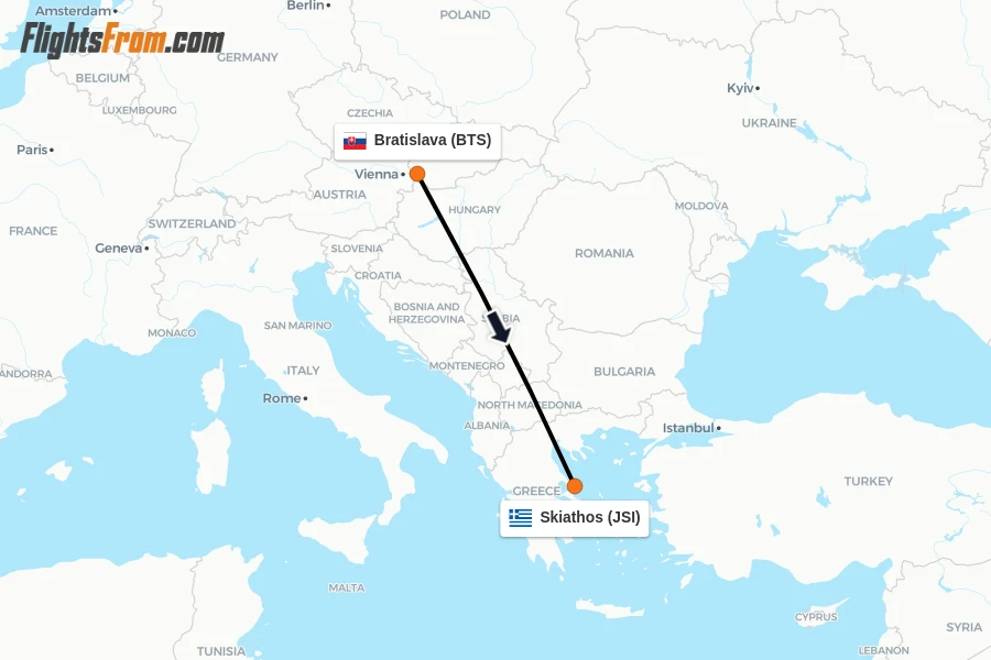 Flights from Bratislava to Skiathos route map
