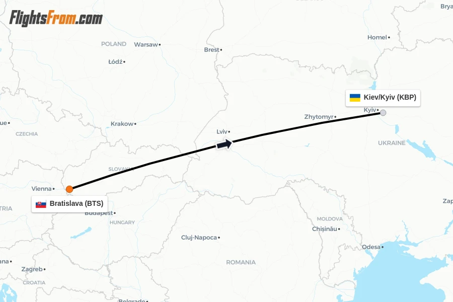 Flights from Bratislava to Kiev/Kyiv route map