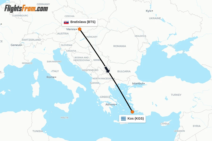Flights from Bratislava to Kos route map