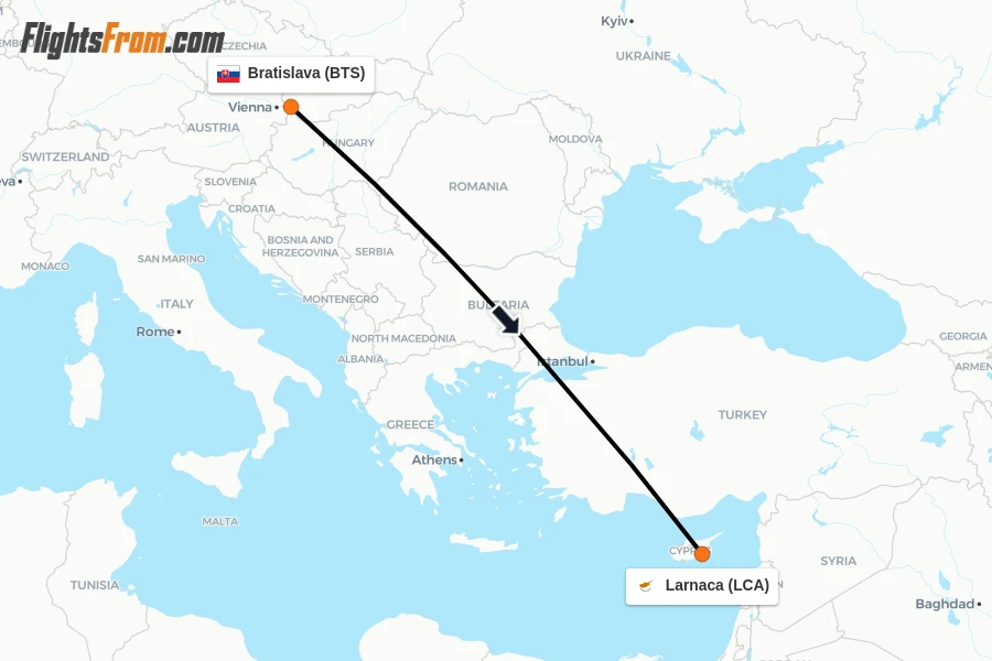 Flights from Bratislava to Larnaca route map