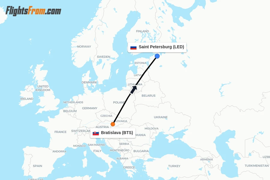 Flights from Bratislava to Saint Petersburg route map