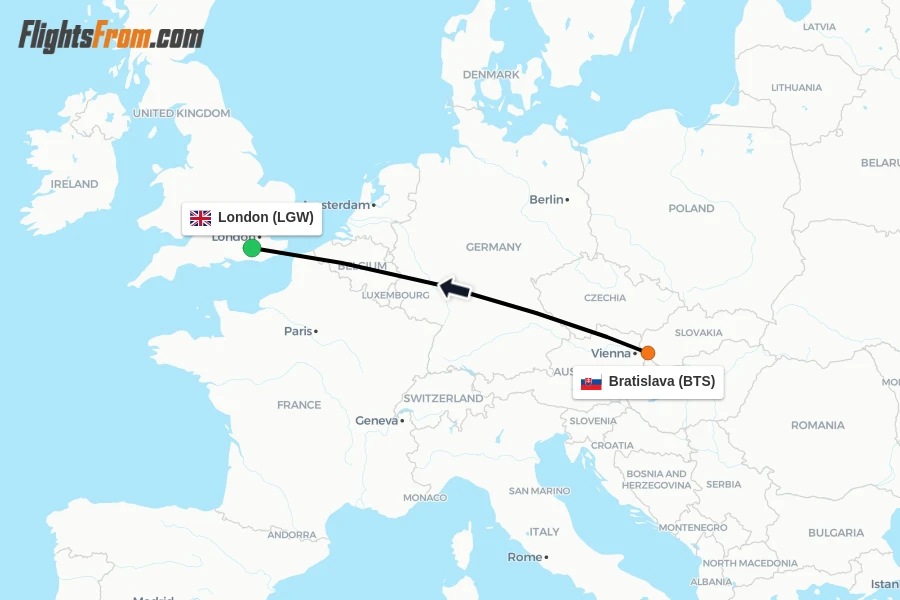 Flights from Bratislava to London route map