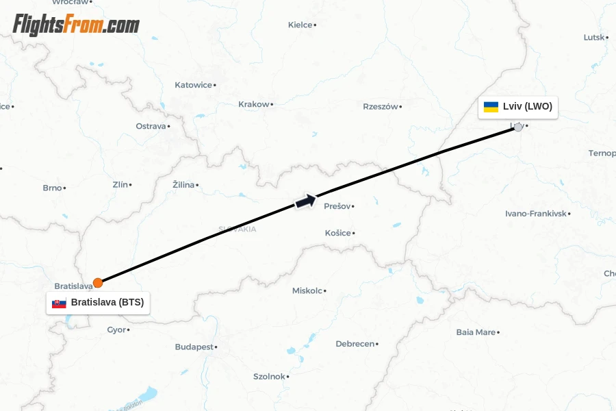 Flights from Bratislava to Lviv route map