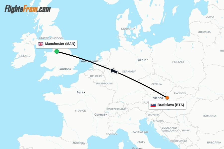 Flights from Bratislava to Manchester route map