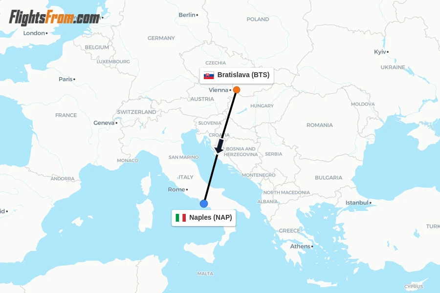 Flights from Bratislava to Naples route map