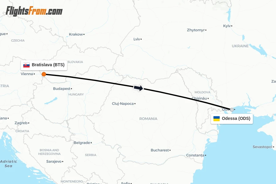 Flights from Bratislava to Odessa route map