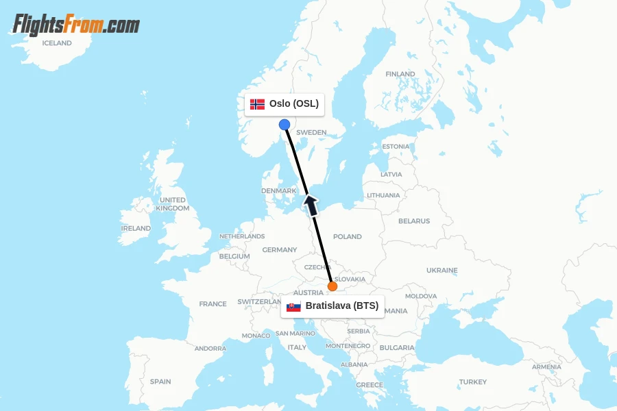 Flights from Bratislava to Oslo route map