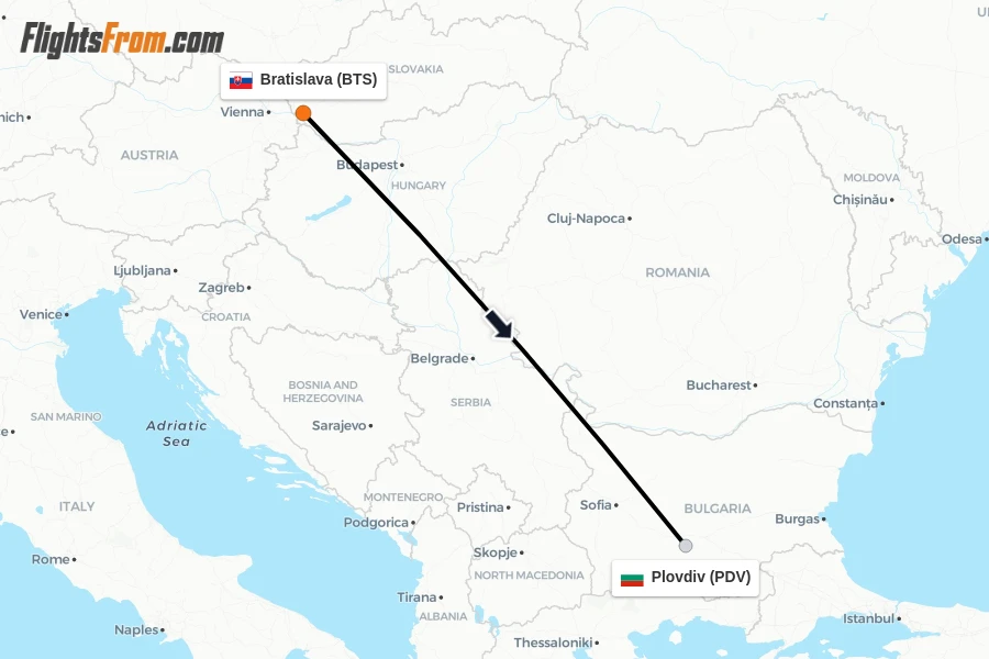Flights from Bratislava to Plovdiv route map