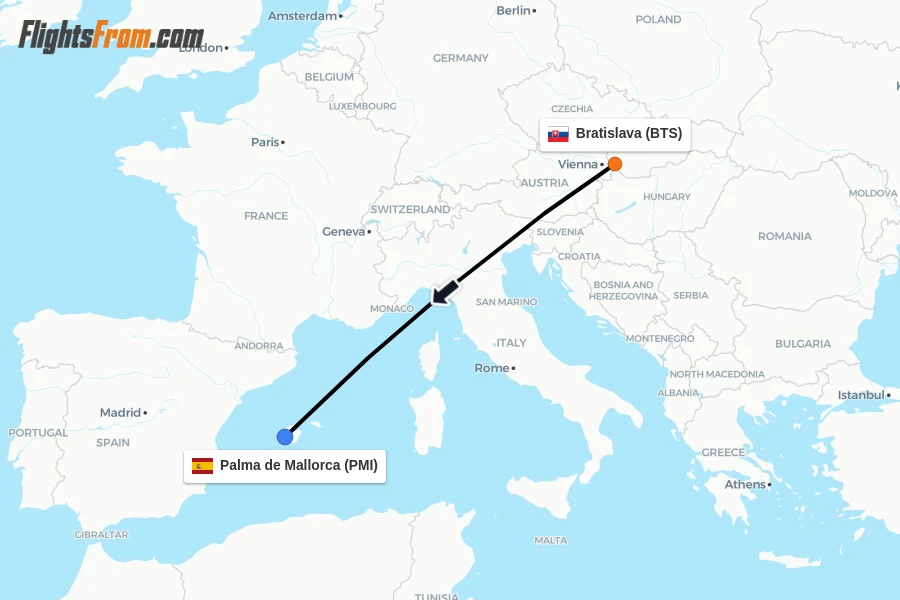 Flights from Bratislava to Palma de Mallorca route map
