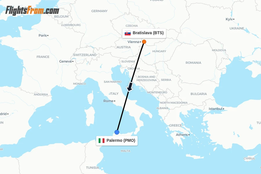 Flights from Bratislava to Palermo route map