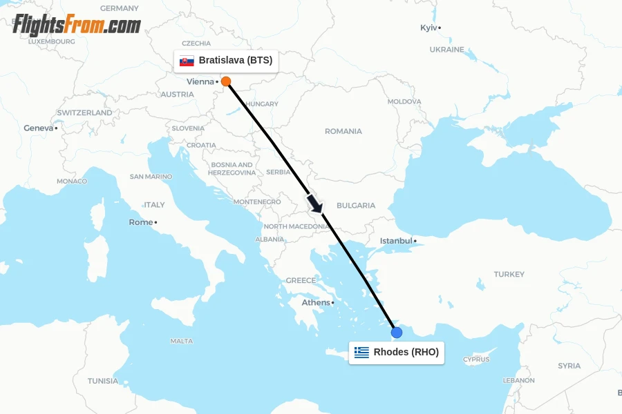 Flights from Bratislava to Rhodes route map