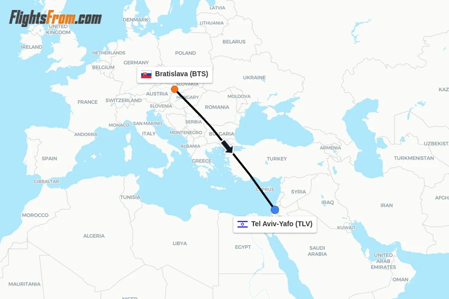 Flights from Bratislava to Tel Aviv-Yafo route map