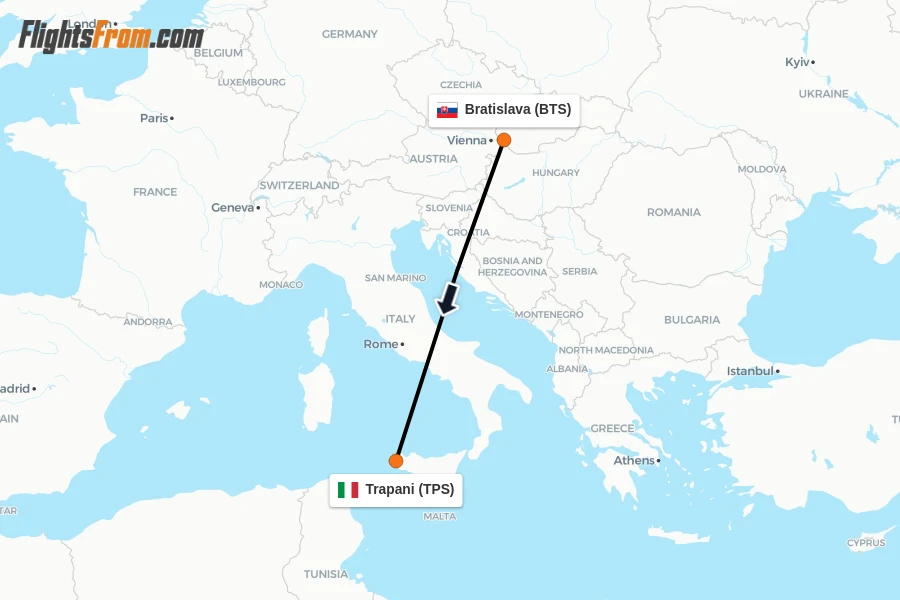 Flights from Bratislava to Trapani route map