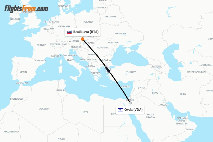Flights from Bratislava to Ovda route map