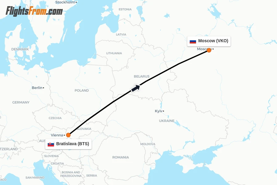 Flights from Bratislava to Moscow route map