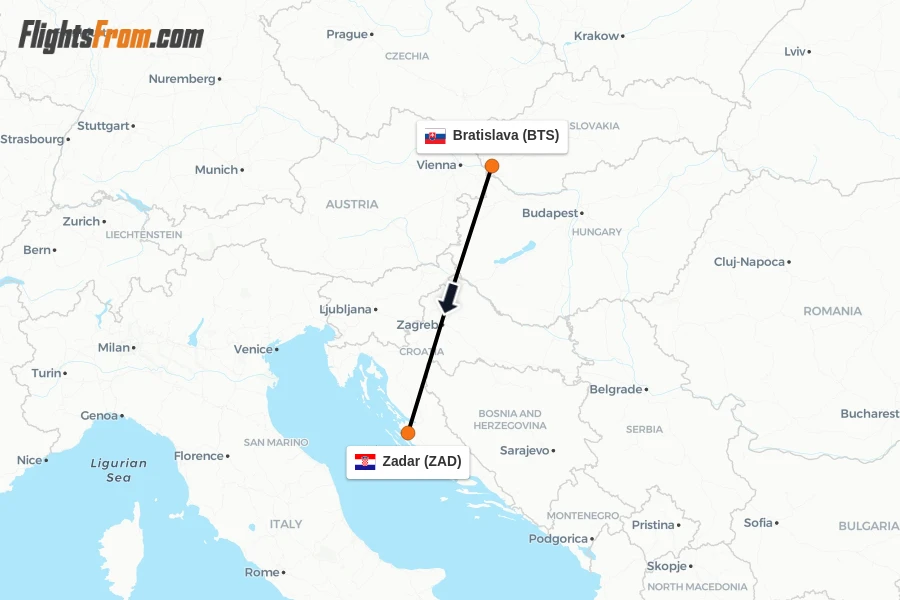 Flights from Bratislava to Zadar route map