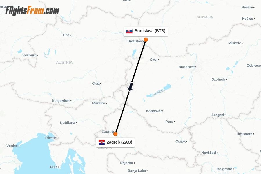 Flights from Bratislava to Zagreb route map