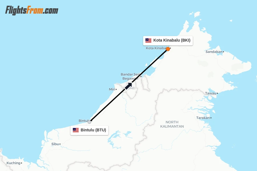 Flights from Bintulu to Kota Kinabalu route map