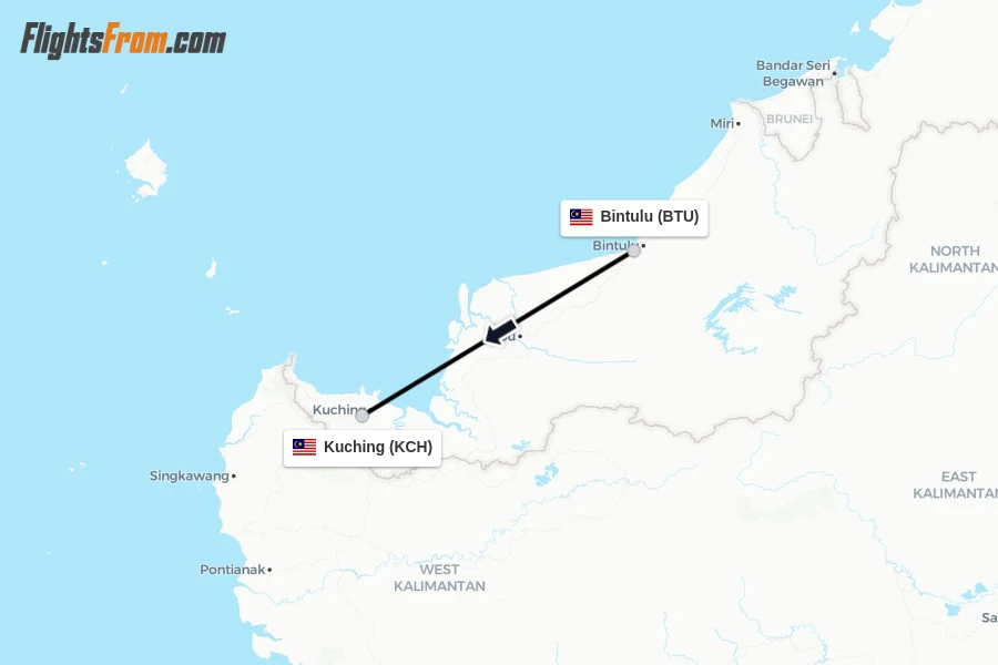 Flights from Bintulu to Kuching route map