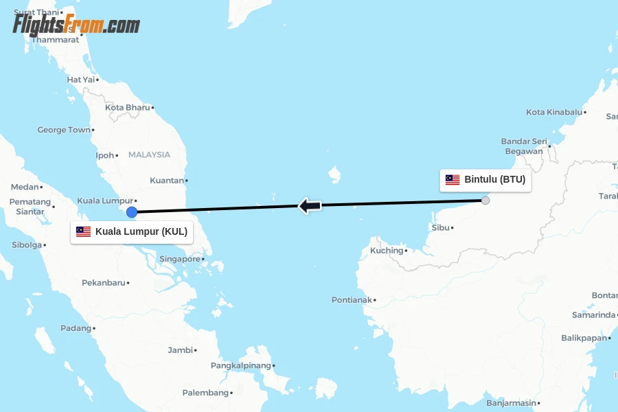 Flights from Bintulu to Kuala Lumpur route map