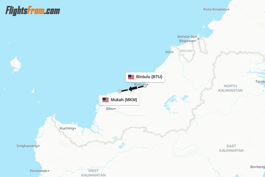 Flights from Bintulu to Mukah route map