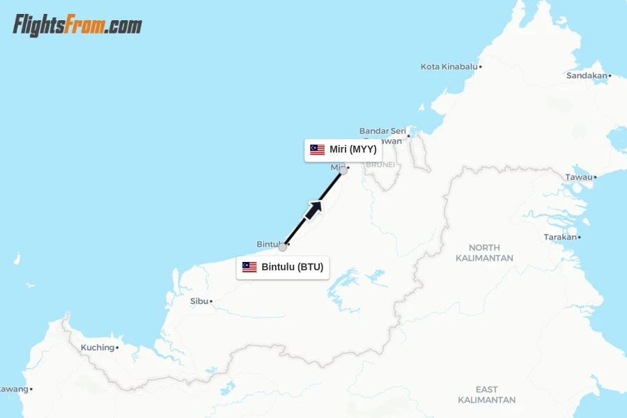 Flights from Bintulu to Miri route map