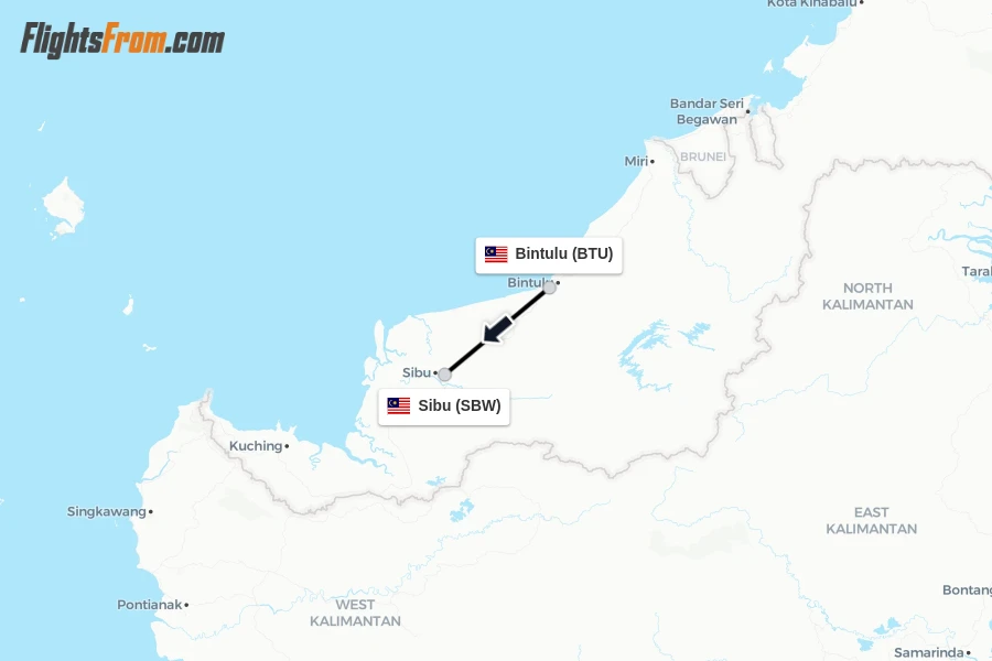 Flights from Bintulu to Sibu route map