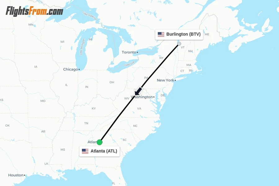 Flights from Burlington to Atlanta route map