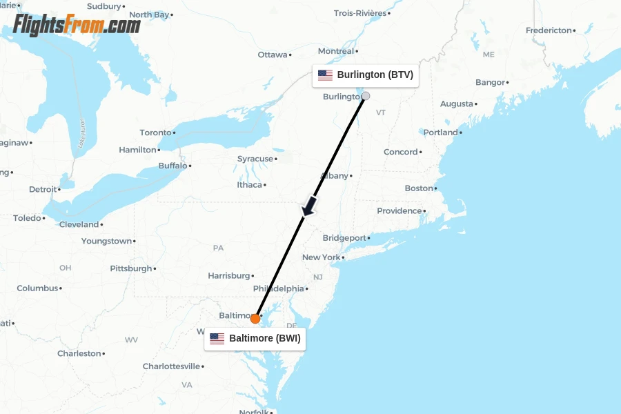 Flights from Burlington to Baltimore route map