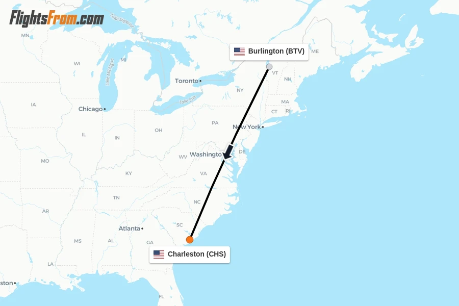 Flights from Burlington to Charleston route map