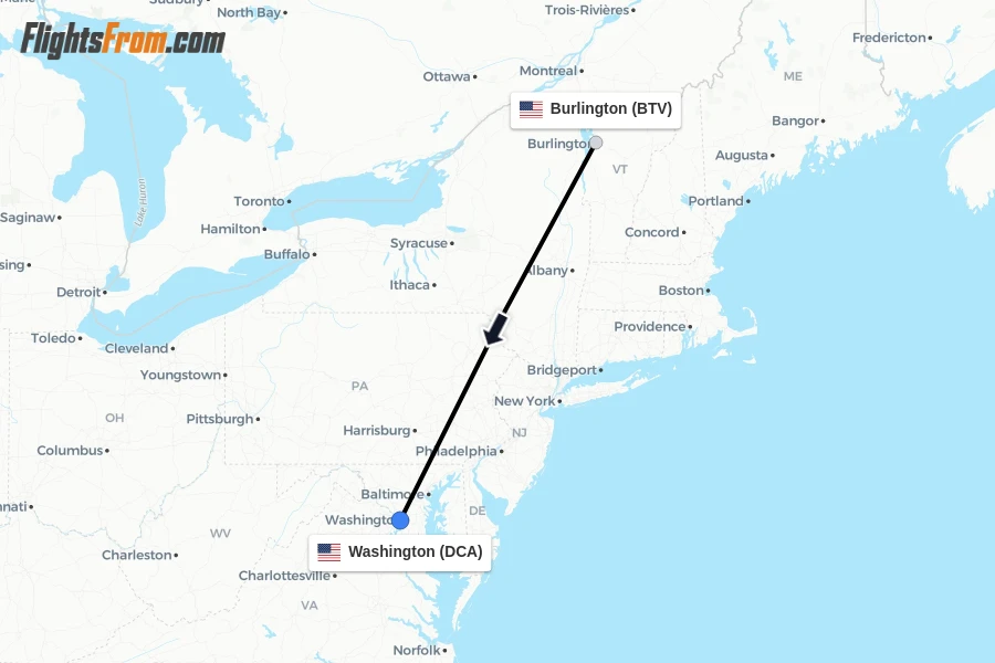 Flights from Burlington to Washington route map