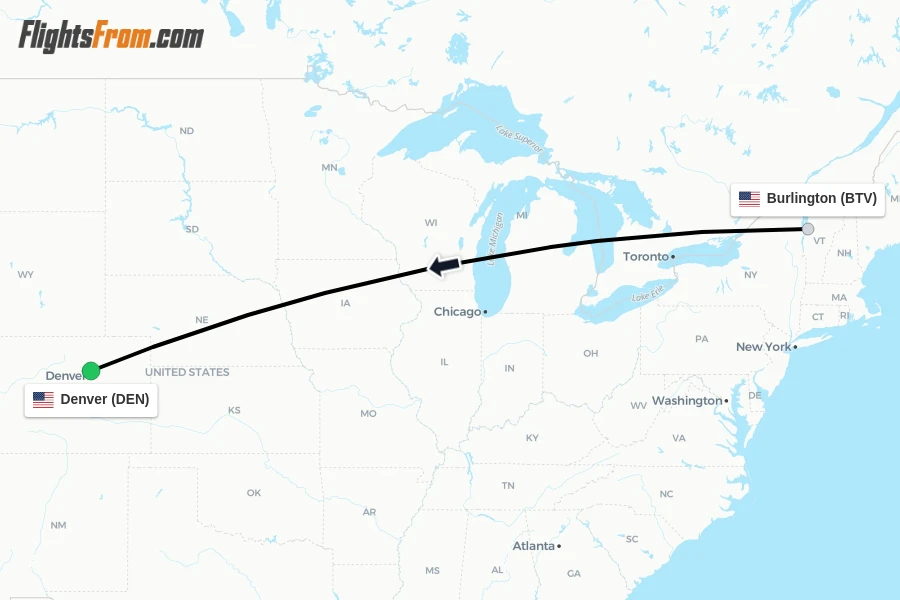 Flights from Burlington to Denver route map