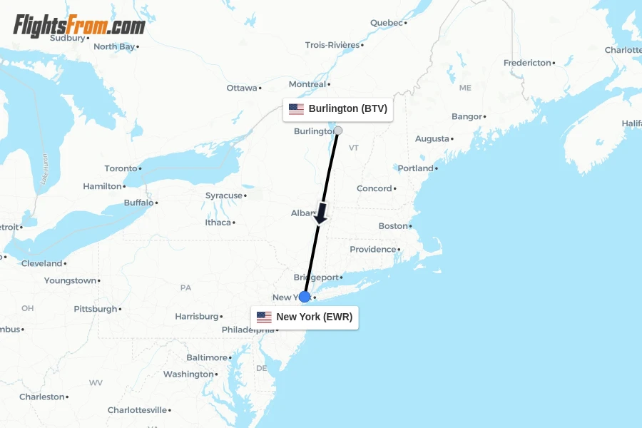 Flights from Burlington to New York route map
