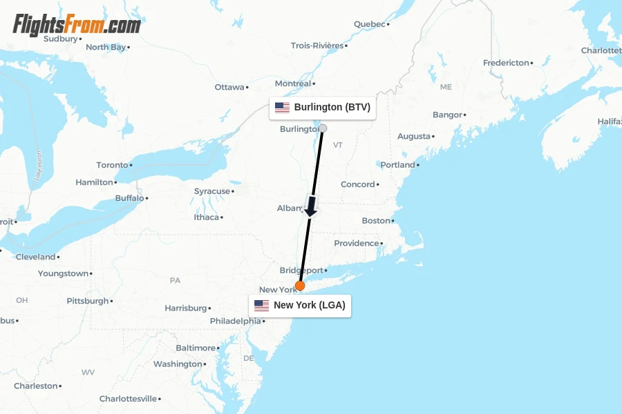 Flights from Burlington to New York route map